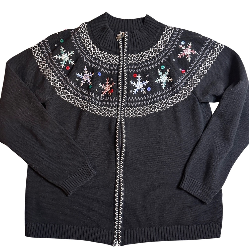 Christopher & Banks Black Snowflake Full Zip Sweater Winter Holiday Womens Large